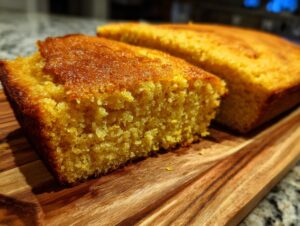 Close-up of a freshly baked cornbread loaf, with a slice cut out showing its moist texture.