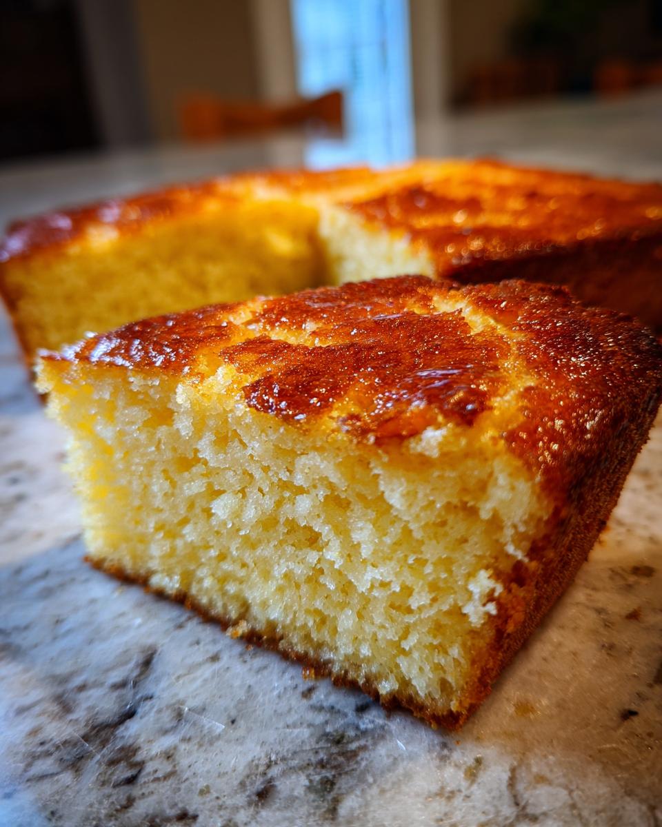 A close-up of a slice of golden-brown cornbread with a slightly glossy, caramelized crust.