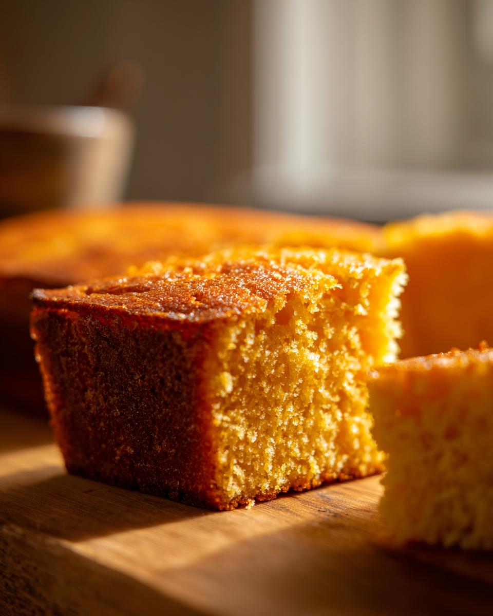 Close-up of golden brown cornbread slices on a wooden board, showcasing a moist crumb.