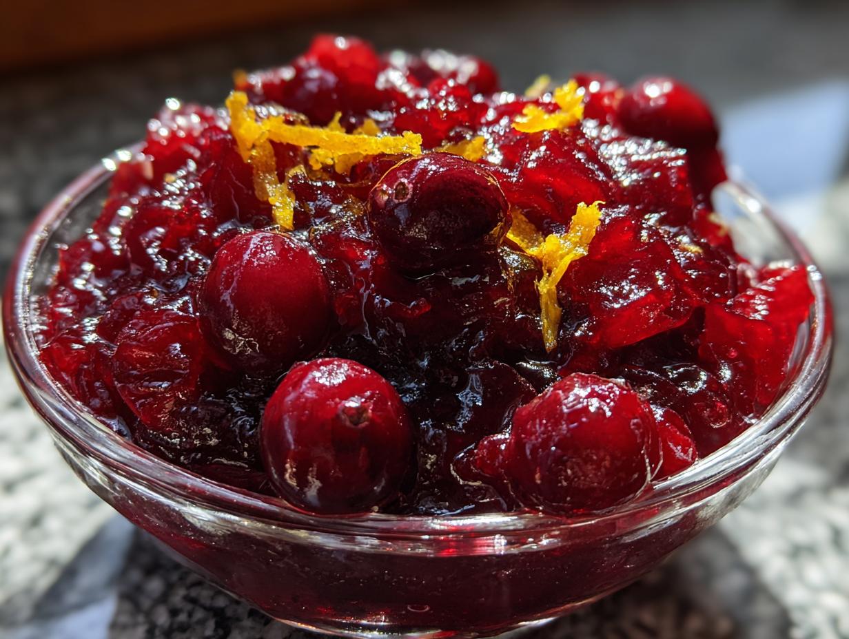 Close-up of homemade cranberry sauce in a glass bowl, garnished with orange zest.
