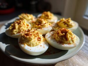 A plate of perfectly prepared deviled eggs, topped with creamy filling and a dusting of paprika.