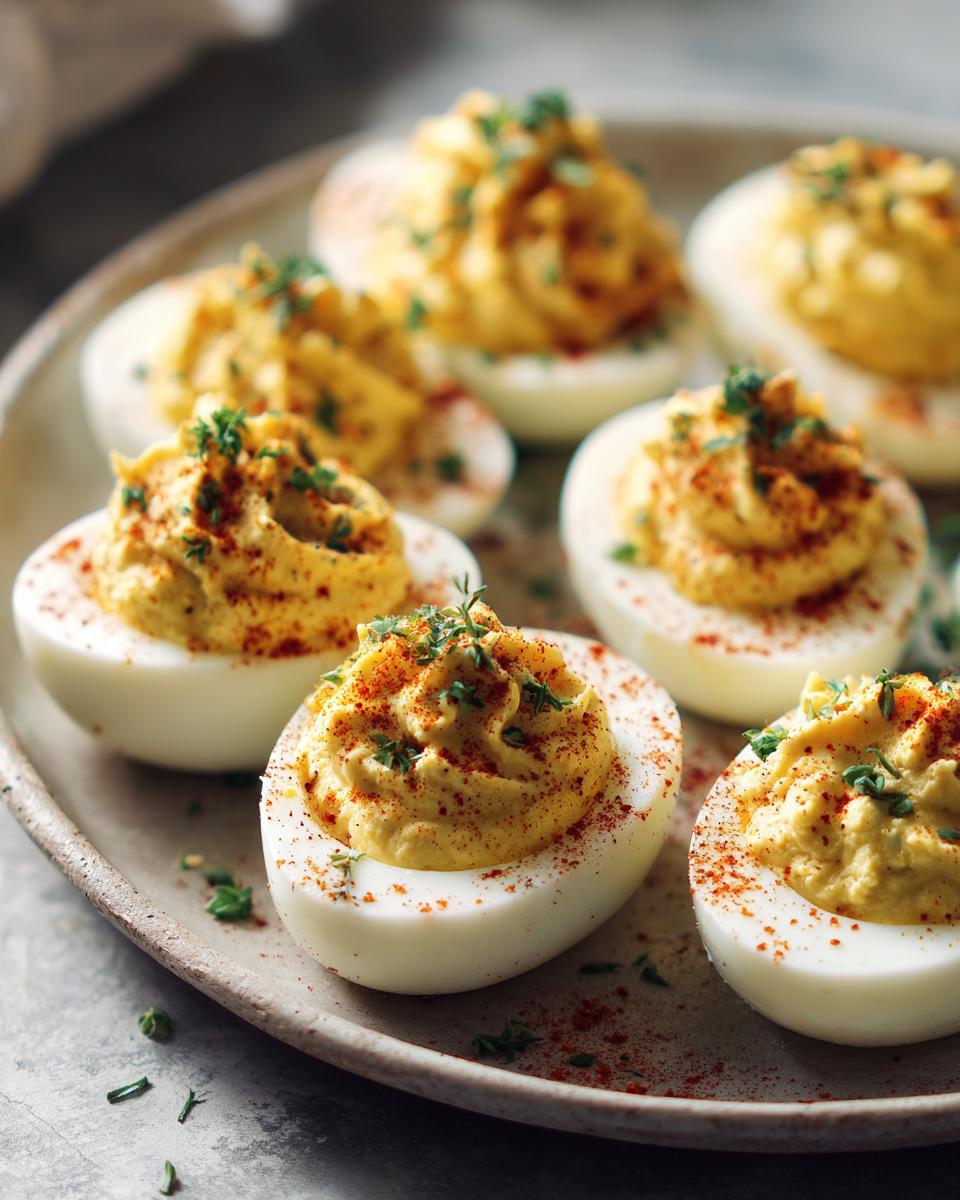 A close-up of a plate of perfect deviled eggs, topped with creamy filling, paprika, and fresh herbs.