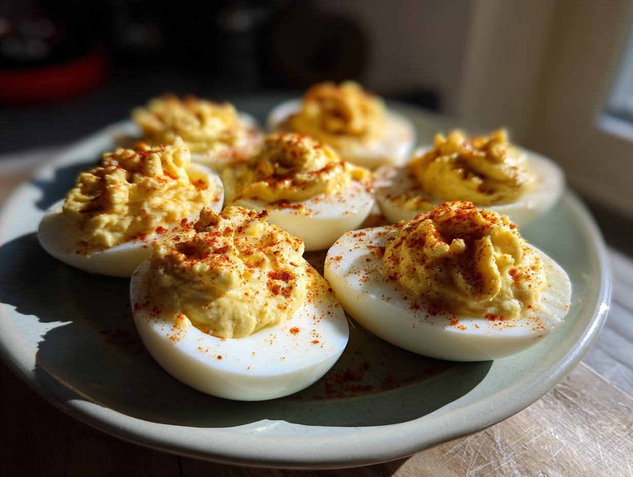 A plate of perfectly prepared deviled eggs, topped with creamy filling and a dusting of paprika.