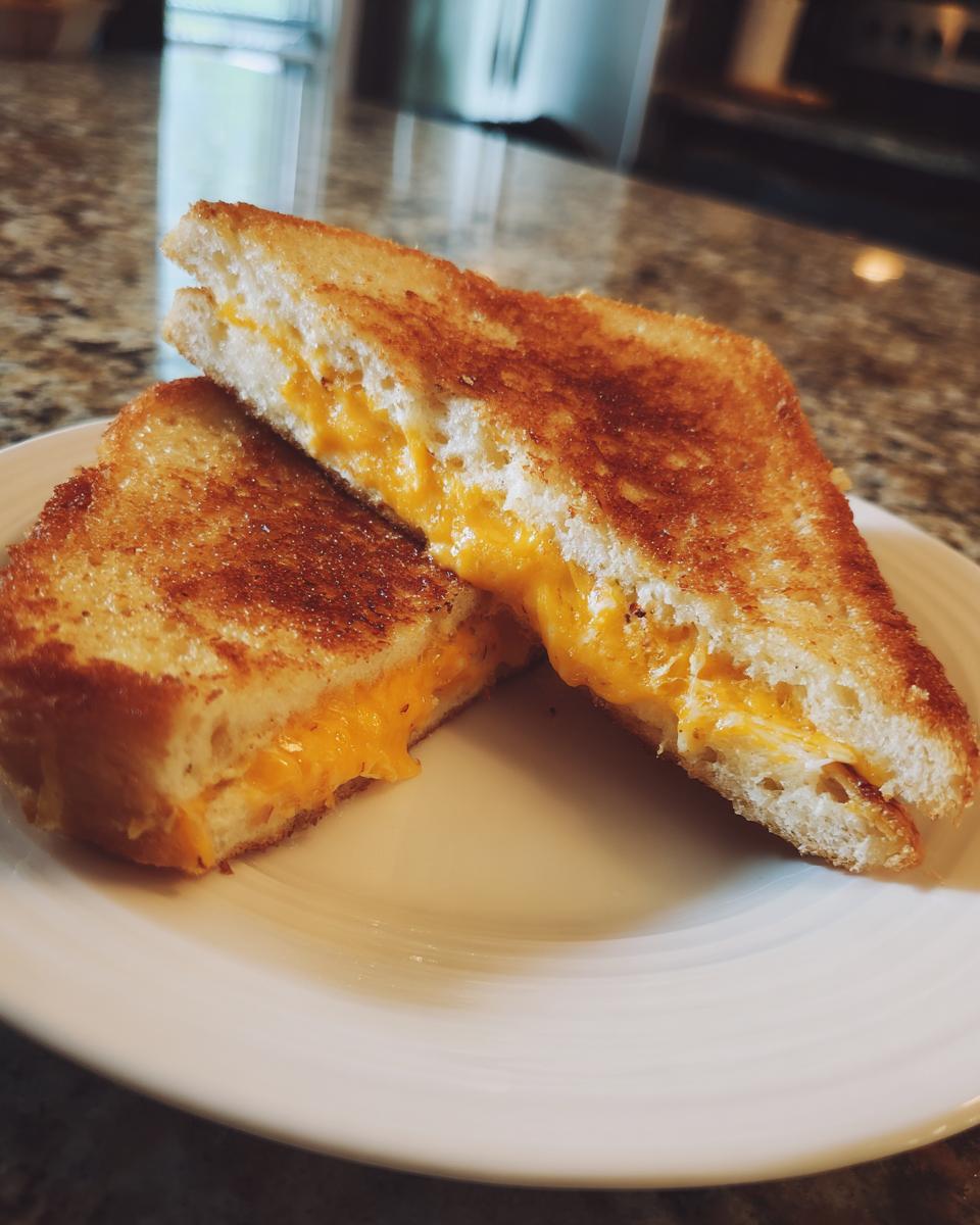 A perfectly golden brown grilled cheese sandwich, cut in half, with melted cheese oozing out.