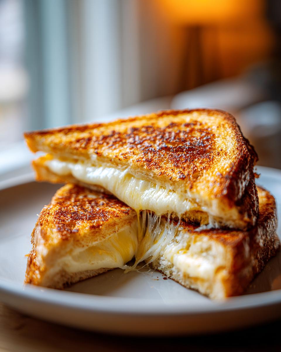 Close-up of a perfectly grilled cheese sandwich, cut in half, with melted cheese oozing out.