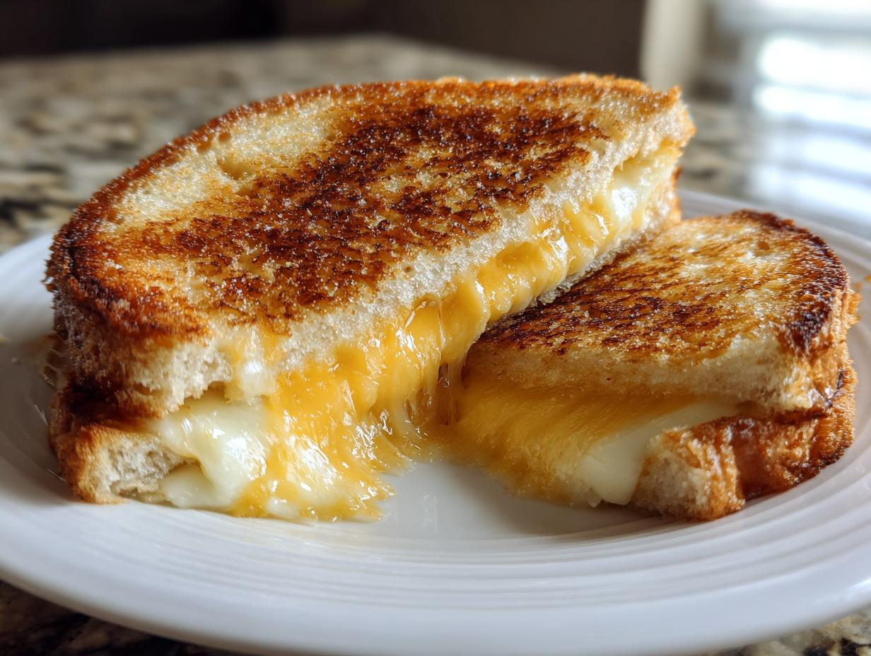 A close-up of a perfect grilled cheese sandwich, cut in half, with gooey melted cheese oozing out.