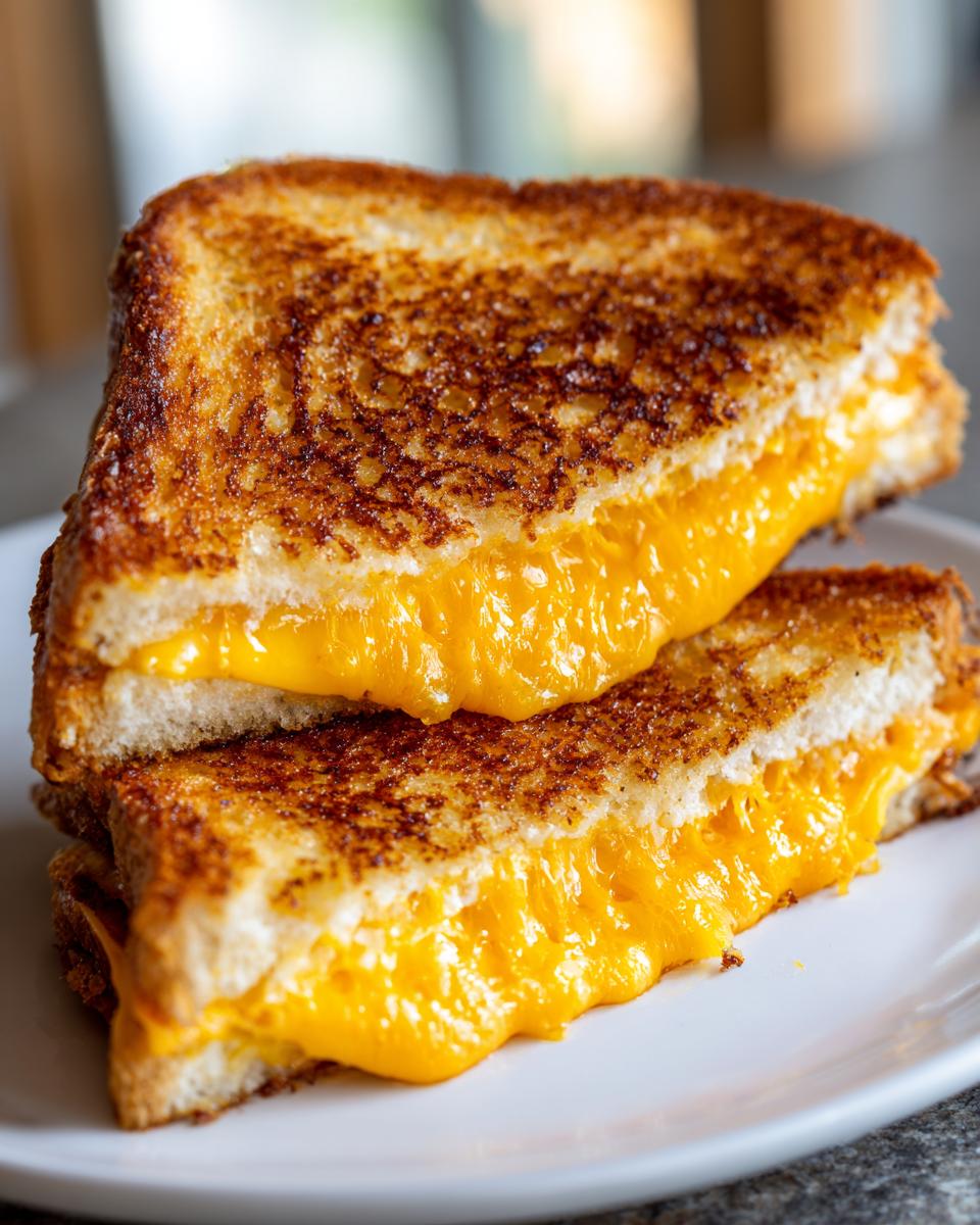 Close-up of a perfectly golden-brown grilled cheese sandwich, with gooey melted cheddar cheese oozing out.