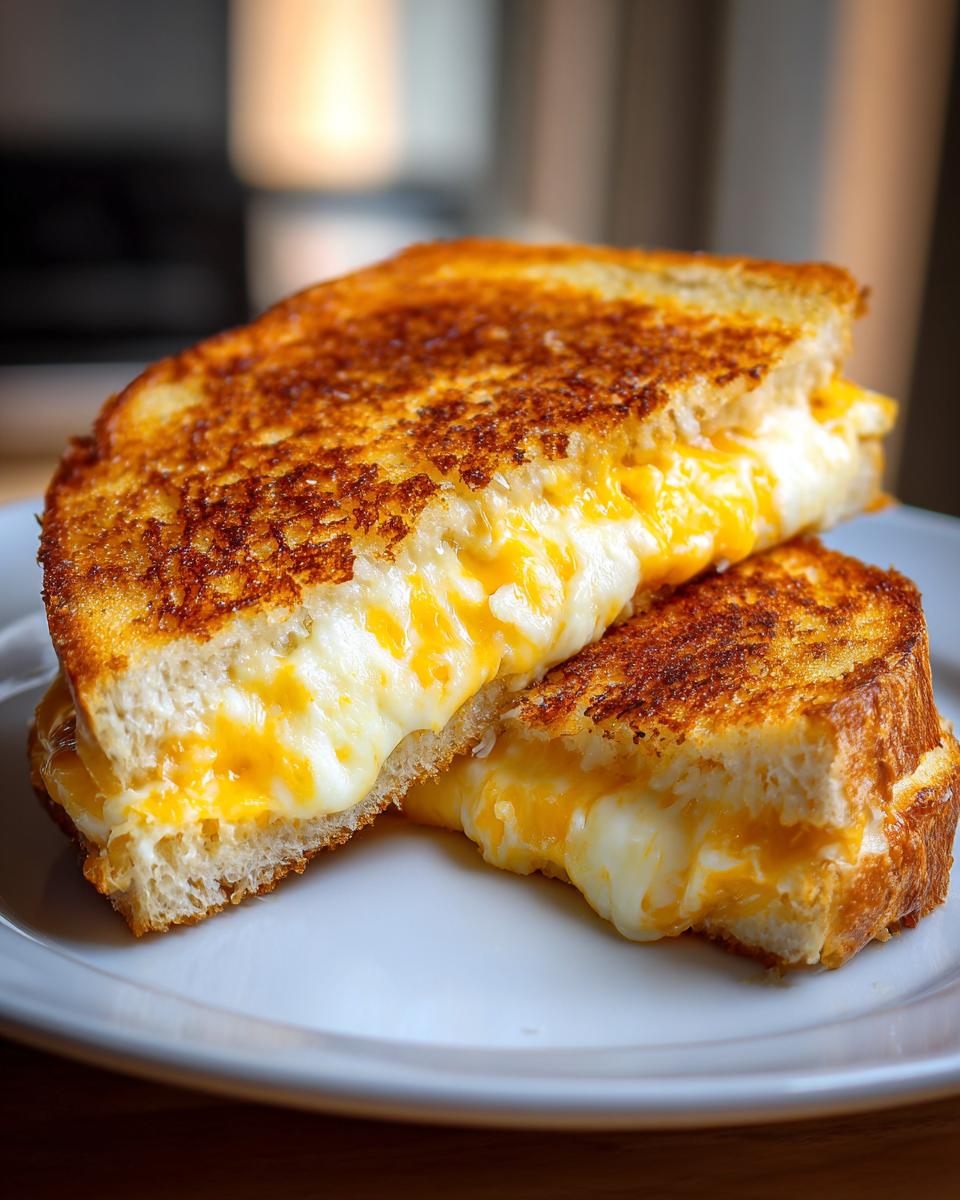 A close-up of a perfectly grilled cheese sandwich, sliced in half, with gooey melted cheese oozing out.