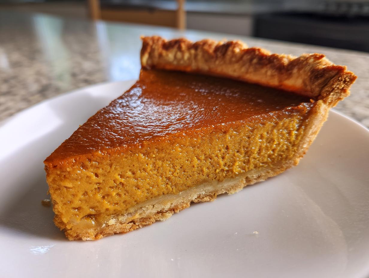 A close-up shot of a perfect slice of pumpkin pie on a white plate, showcasing its rich orange filling and flaky crust.