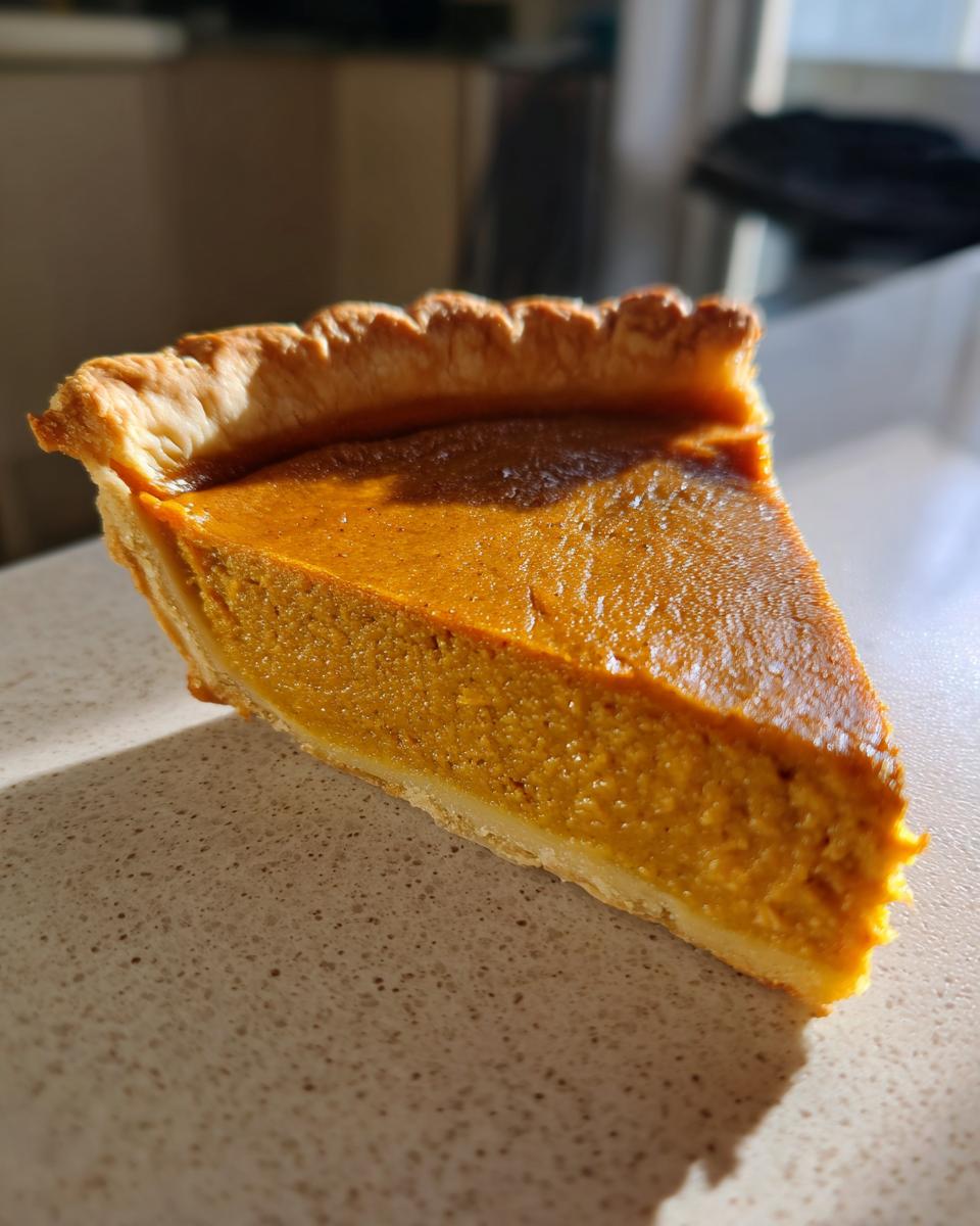 A perfect slice of classic pumpkin pie with a flaky crust and smooth filling, ready for the holidays.