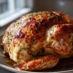 A close-up of a perfectly roasted turkey, golden brown and glistening with herbs, ready to be served.