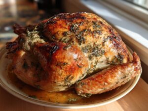 A perfectly cooked roast turkey with golden-brown crispy skin and herbs, resting in its juices.
