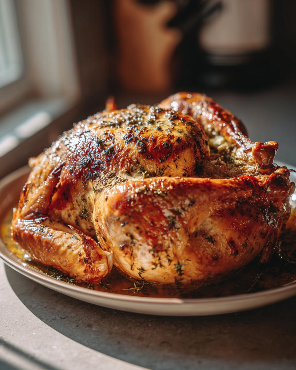 A perfectly roasted turkey, golden brown and glistening with herbs, ready to serve.