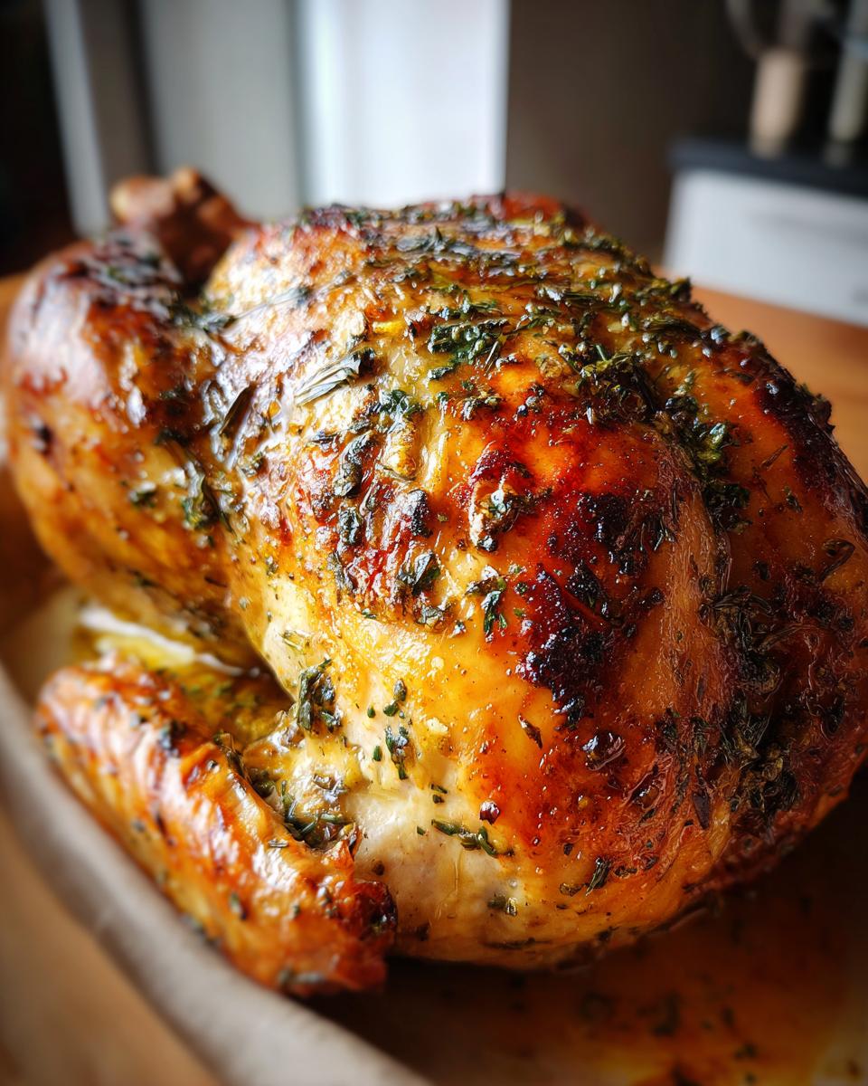 A golden-brown, juicy roast turkey seasoned with herbs, ready to be served.