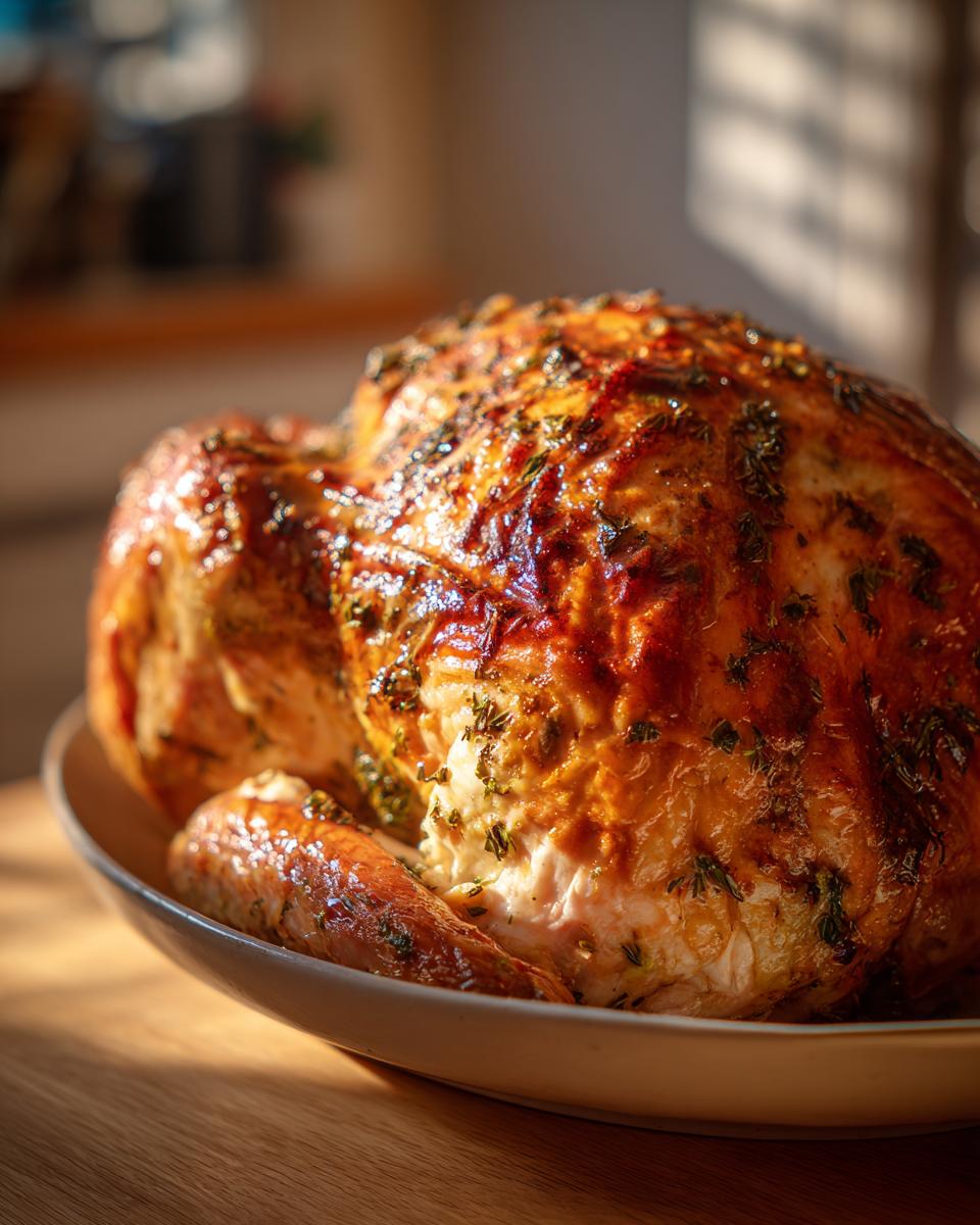 A perfectly roasted turkey, golden brown and glistening, seasoned with herbs, served on a platter.