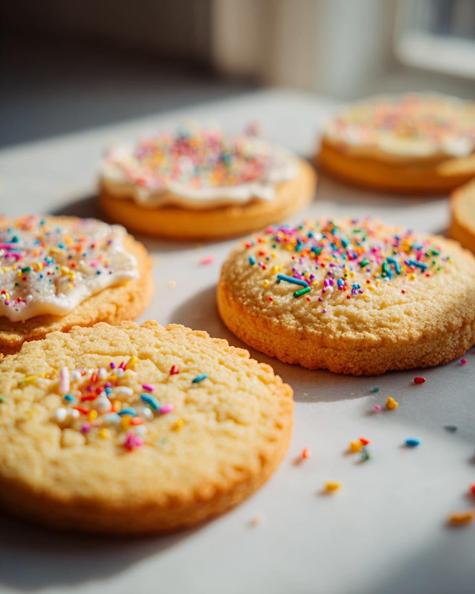 Close-up of perfect sugar cookies, some frosted and topped with colorful sprinkles, others plain.