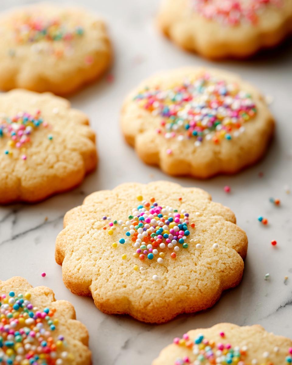 Close-up of perfect sugar cookies decorated with colorful sprinkles, showcasing their delicate texture.