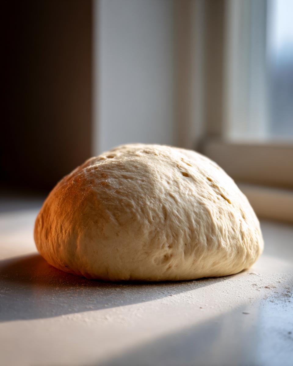 A perfectly formed ball of pizza dough dusted with flour, resting on a surface with natural light.