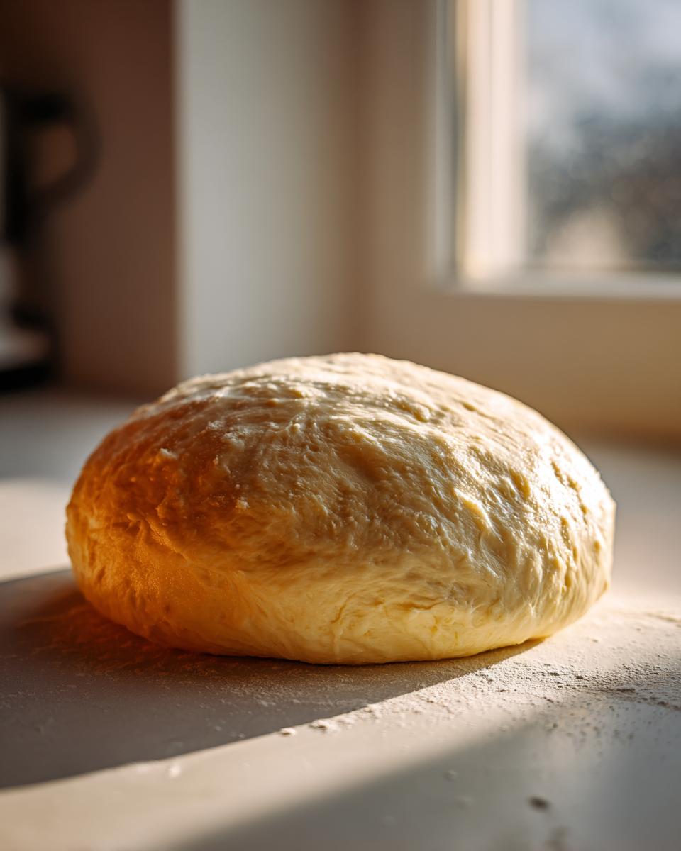 A golden ball of fresh pizza dough resting on a floured surface, bathed in warm sunlight.