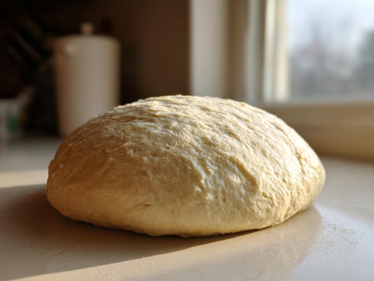 A close-up of a perfectly risen ball of pizza dough, ready to be shaped for a pizzeria-style crust.