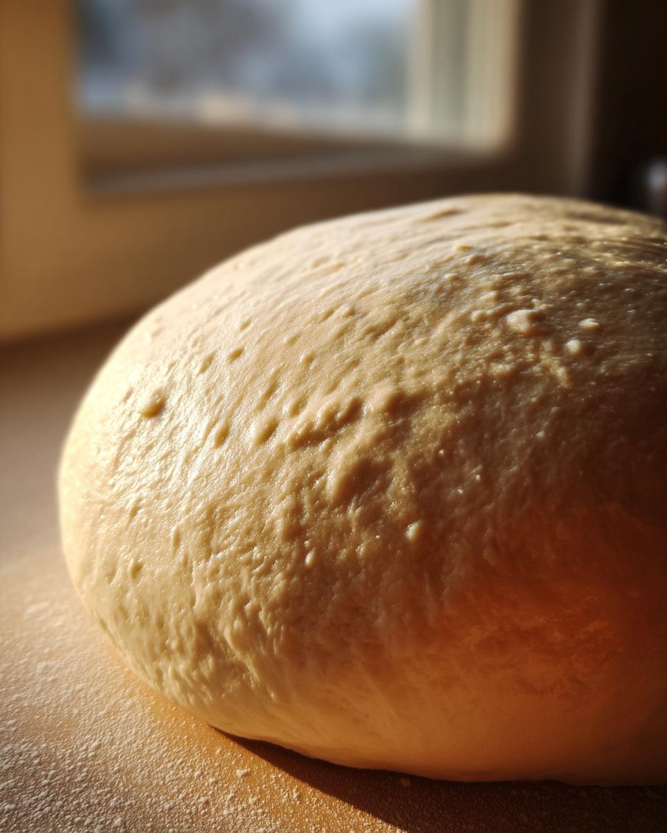 Close-up of a perfectly risen pizza dough ball, showing its texture and air bubbles, ready for baking.