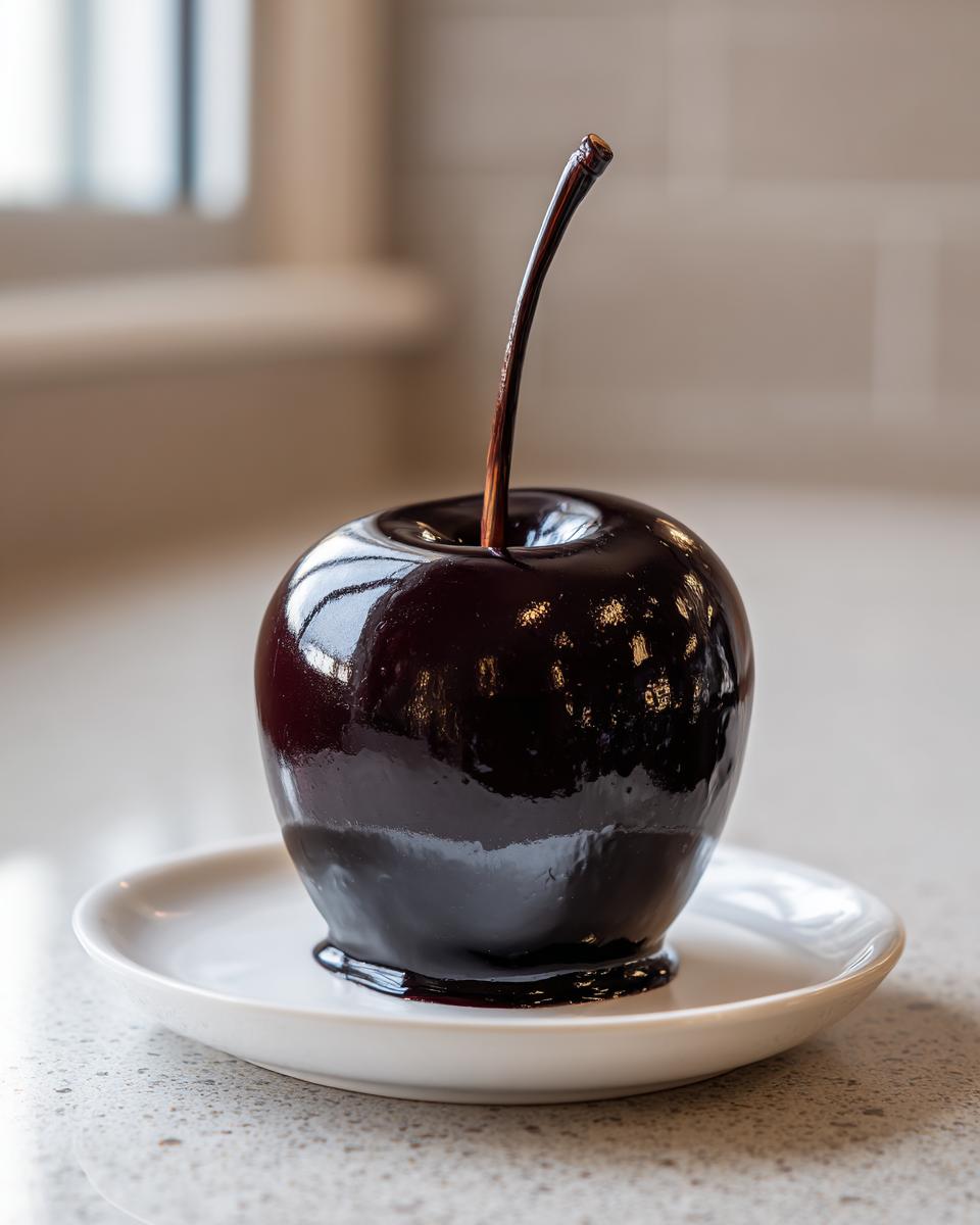 A glossy, dark red Poison Candy Apple sits on a white saucer, its stem curved.