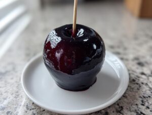 A single, glossy dark red Poison Candy Apple on a white plate, impaled on a wooden stick.