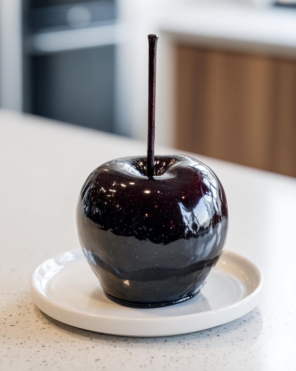 A glossy, dark purple Poison Candy Apple on a white plate, ready for a spooky treat.