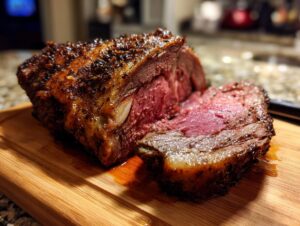 A perfectly cooked prime rib roast with a deep brown crust, sliced to reveal a juicy pink interior, resting on a wooden cutting board.