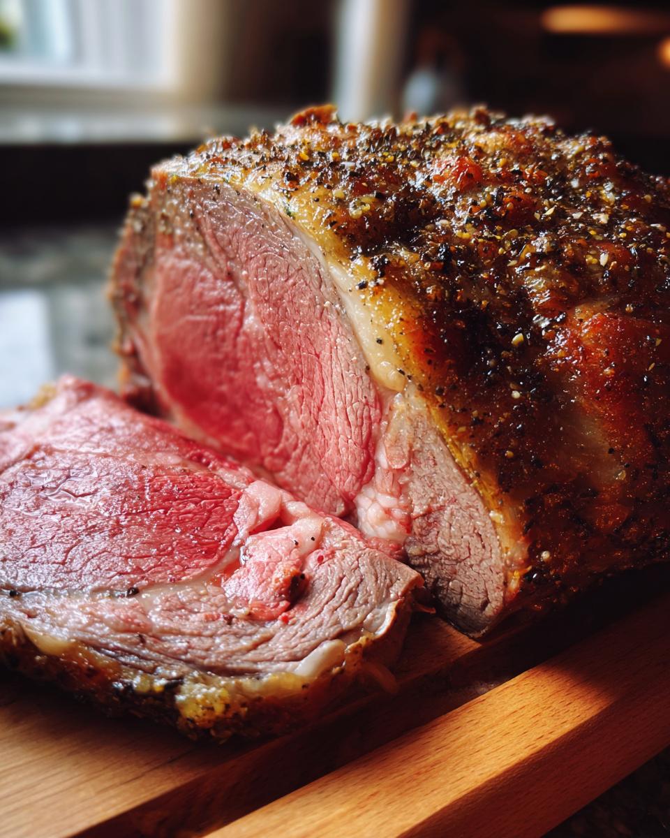 A perfectly cooked prime rib roast with a flavorful, peppery crust, partially sliced to reveal its juicy, pink interior.