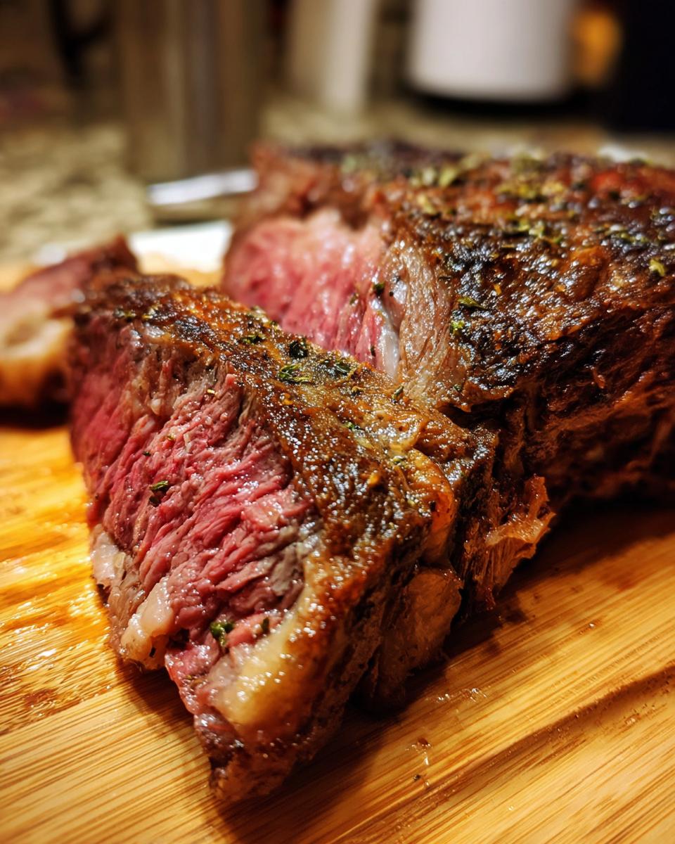A perfectly cooked prime rib roast, sliced to reveal a juicy pink interior and a flavorful brown crust.