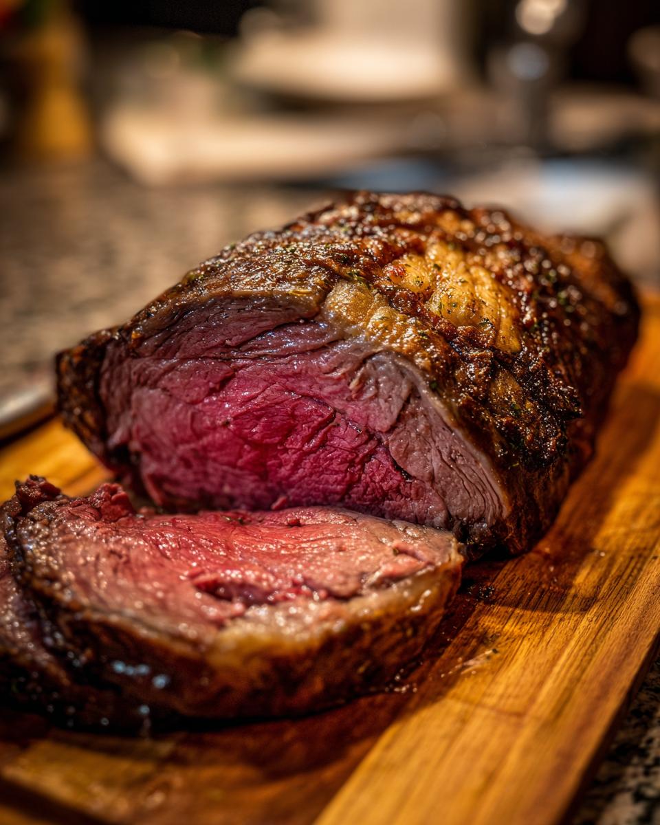 A juicy, medium-rare prime rib roast sliced on a wooden cutting board, showcasing its glorious crust.