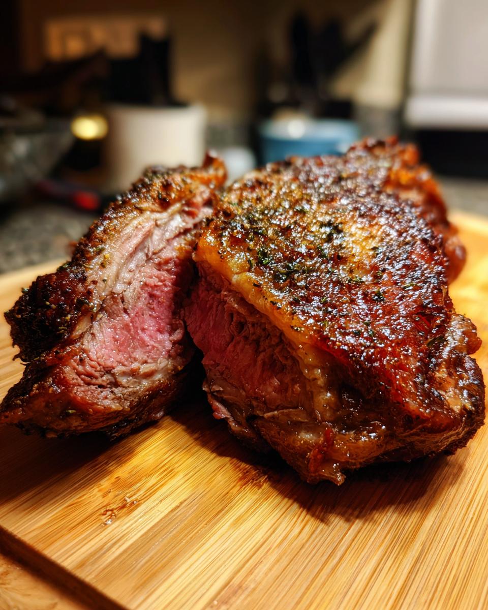 A juicy, medium-rare prime rib roast sliced open on a wooden cutting board, showcasing a glorious crust.