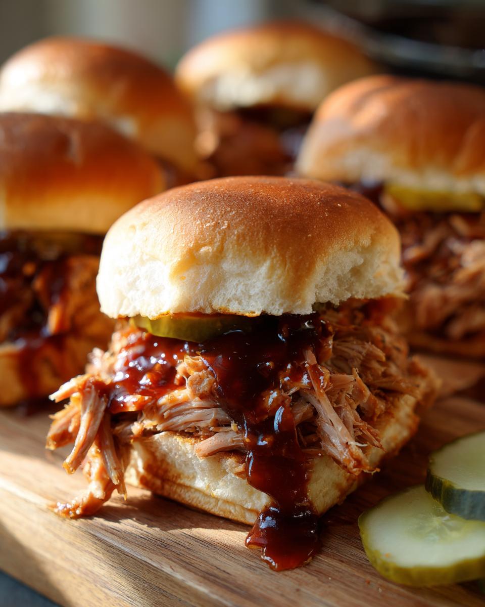 Close-up of a delicious pulled pork slider topped with BBQ sauce and a pickle slice.
