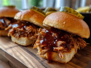 Close-up of three savory pulled pork sliders topped with barbecue sauce and a pickle slice, arranged on a wooden board.