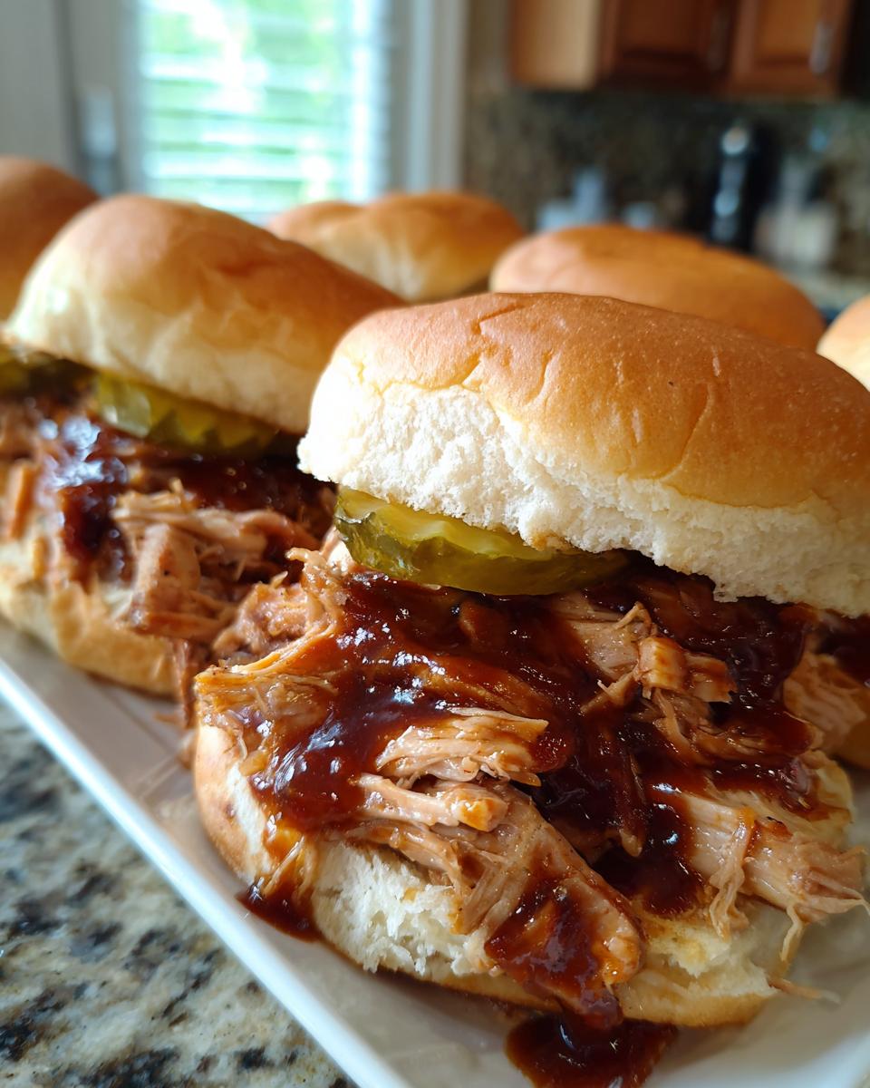 Close-up of delicious pulled pork sliders topped with barbecue sauce and pickles on soft buns.