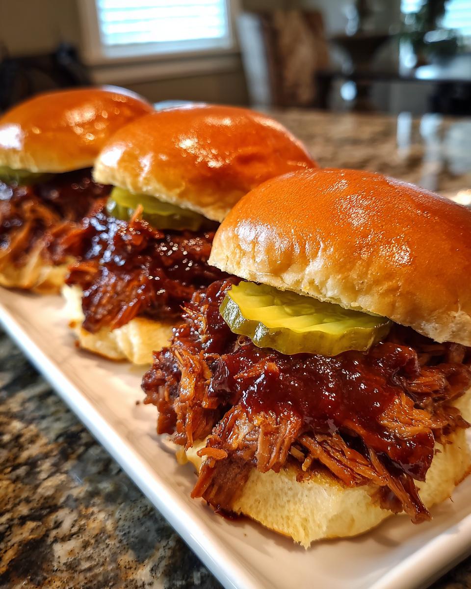 Three savory pulled pork sliders topped with barbecue sauce and a pickle slice on a white platter.