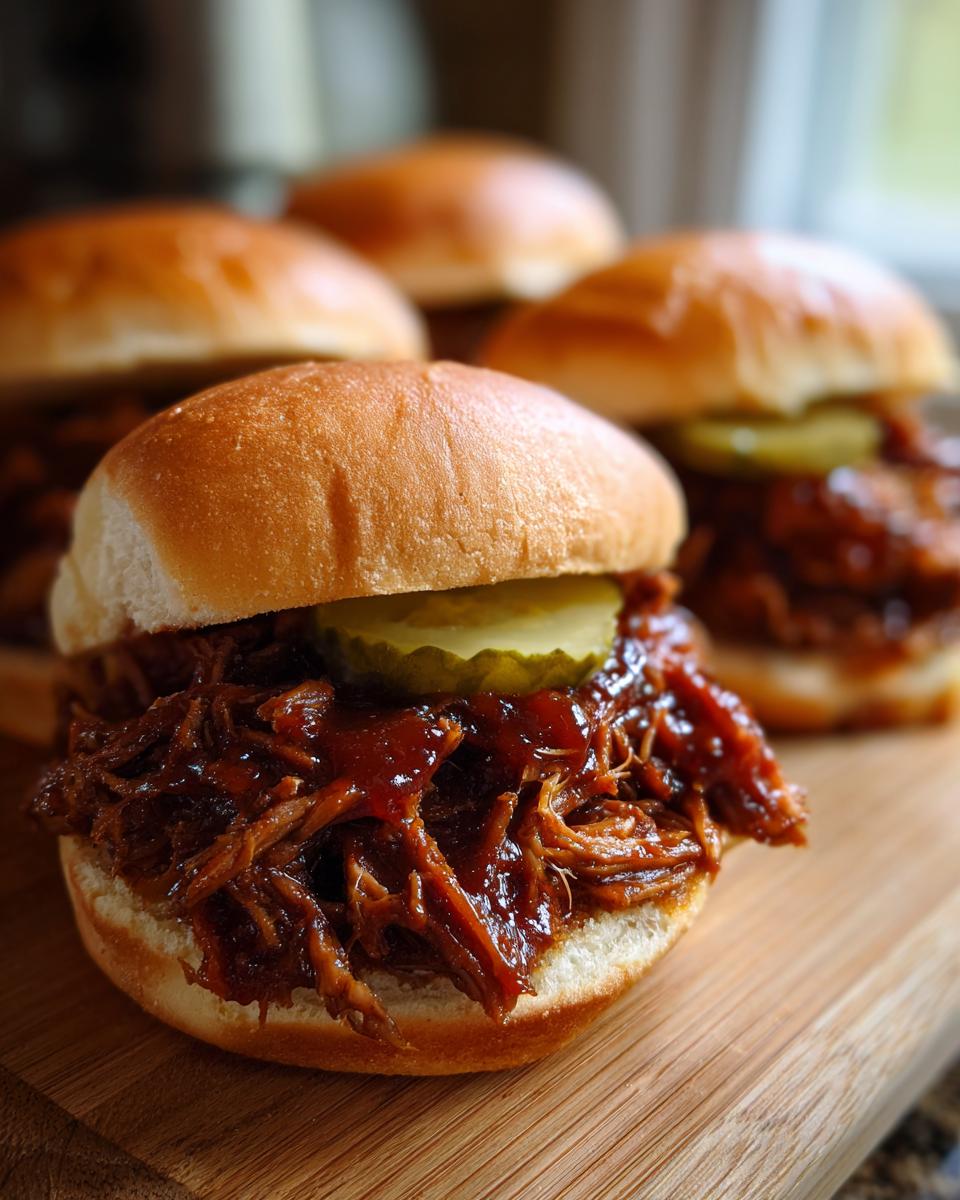 Close-up of a savory pulled pork slider topped with a pickle slice on a wooden board.