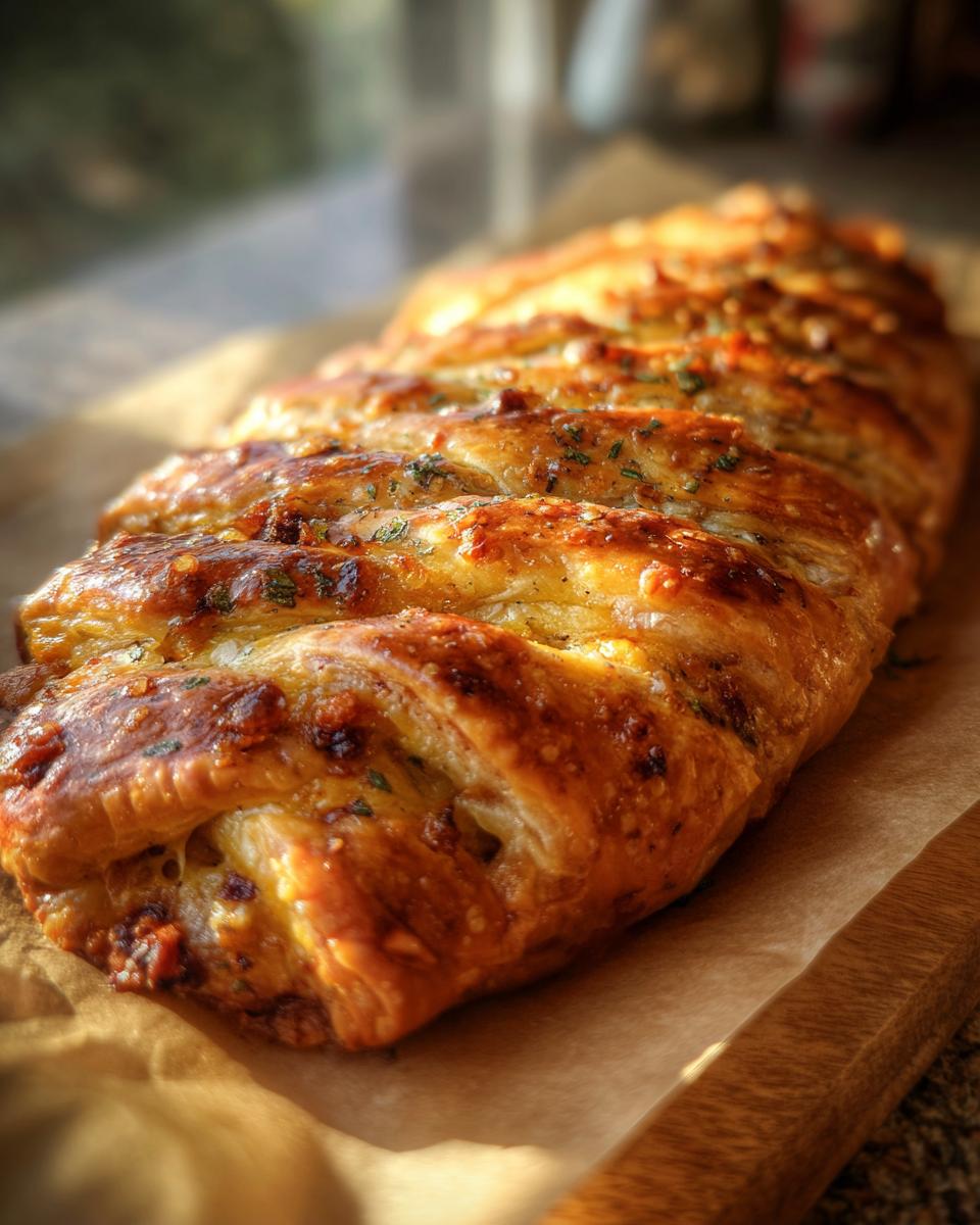 A close-up of a golden-brown baked brie braid, sprinkled with herbs, ready to be served.