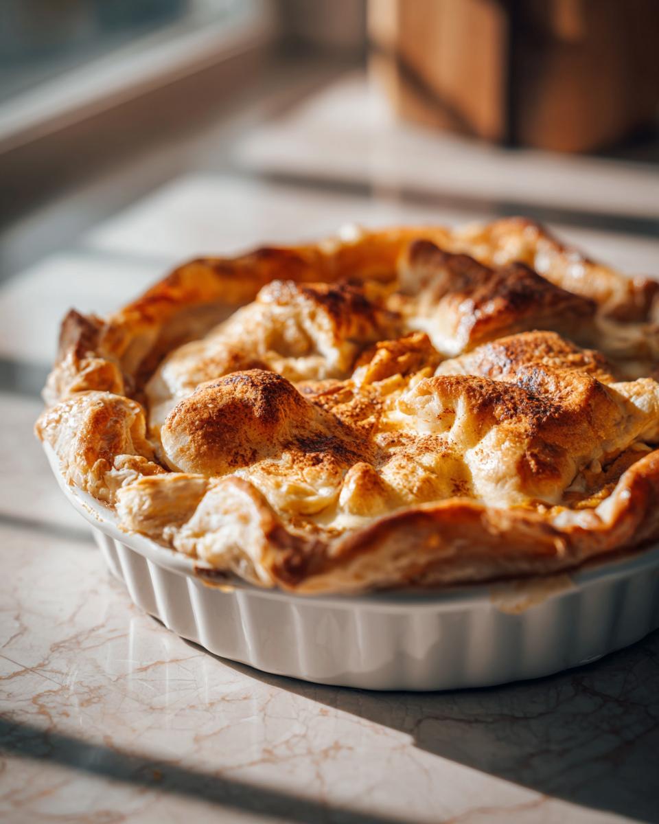 Close-up of a golden-brown Pumpkin Baked Brie in a white baking dish, topped with cinnamon.