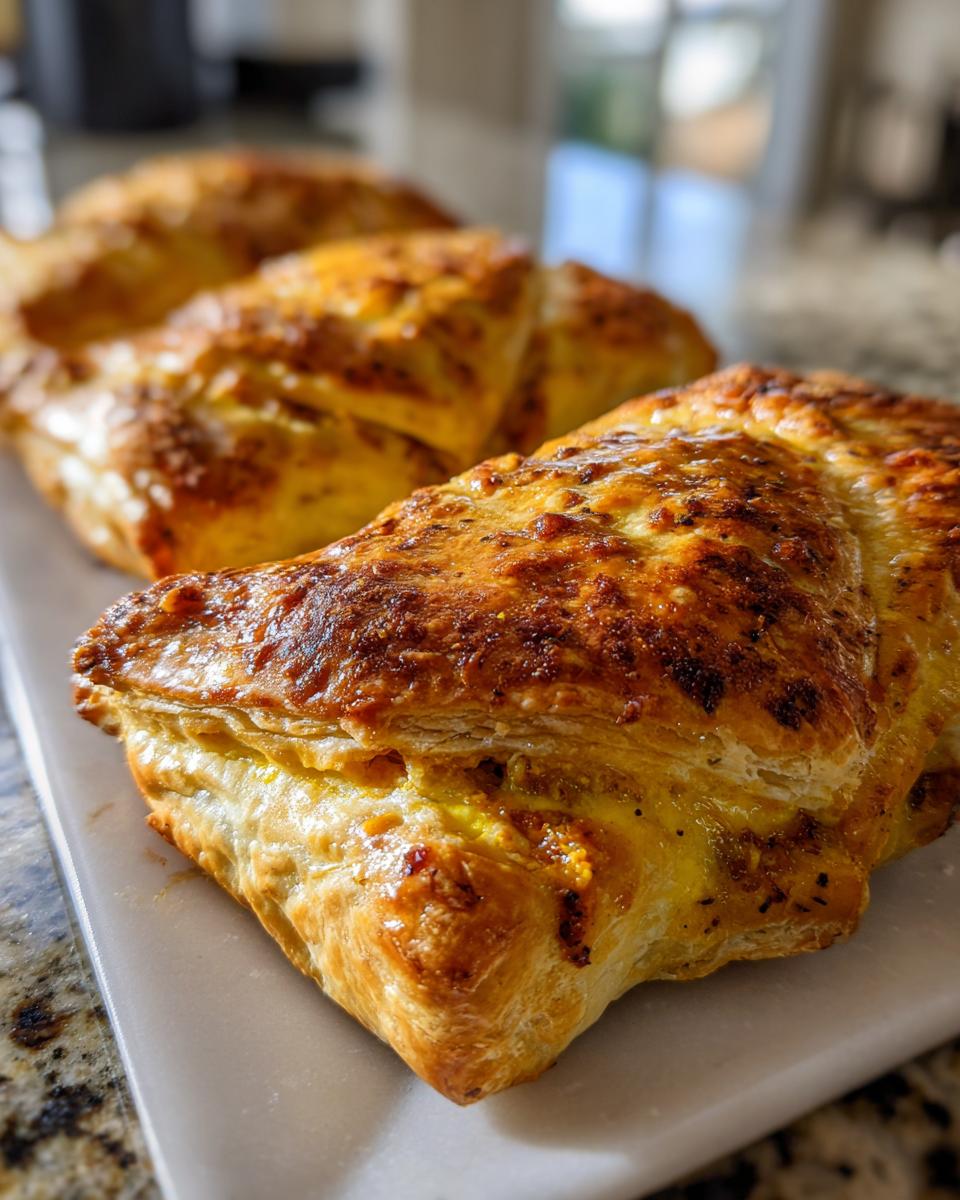 Close-up of a golden-brown pastry filled with pumpkin and baked brie, ready to be served.