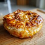 A close-up of a golden-brown, flaky pastry filled with melted cheese, showcasing the delicious Pumpkin Baked Brie.