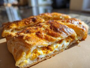 A close-up of a golden-brown pastry slice filled with melted brie and pumpkin filling, showcasing the Pumpkin Baked Brie.