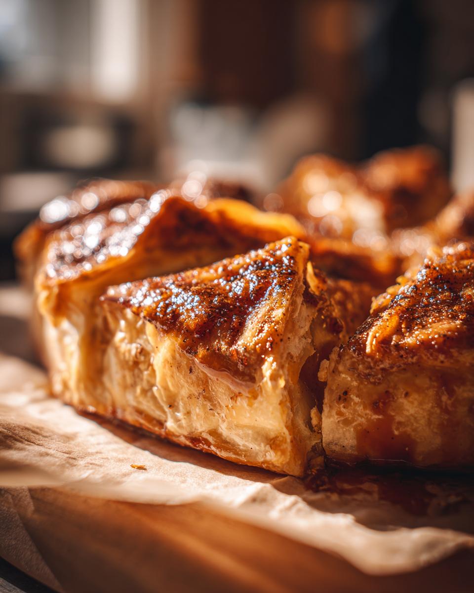 A close-up of a flaky, golden-brown slice of Pumpkin Baked Brie, with a glistening, caramelized topping.