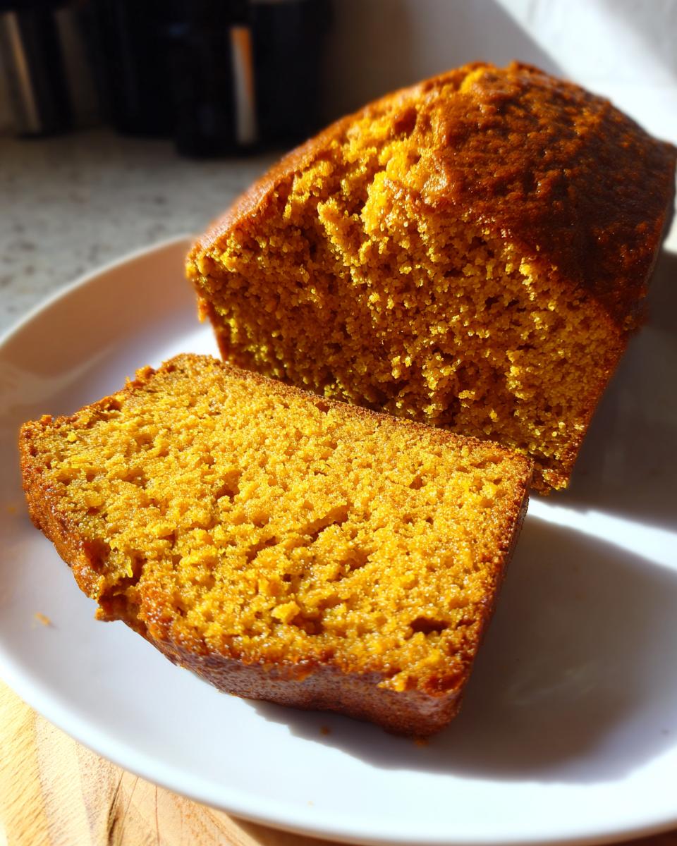 A slice of moist Pumpkin Beer Bread on a white plate, showing its tender crumb and golden-brown crust.