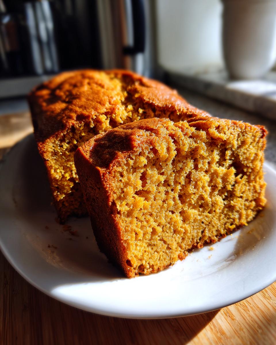 A close-up of a slice of moist Pumpkin Beer Bread on a white plate, showcasing its tender crumb.