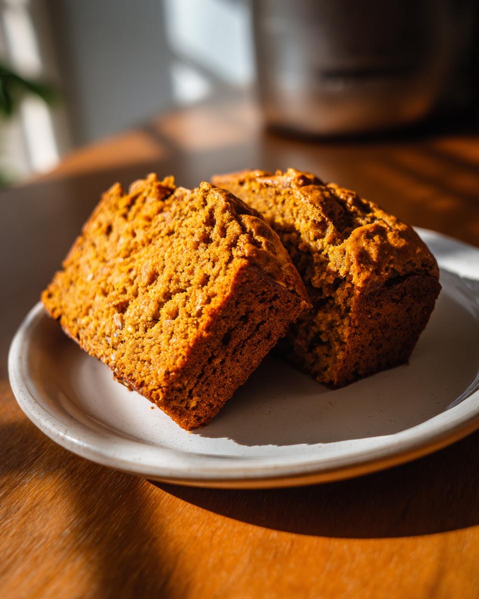 Two slices of moist Pumpkin Beer Bread on a plate, showcasing its rich texture and warm, inviting color.