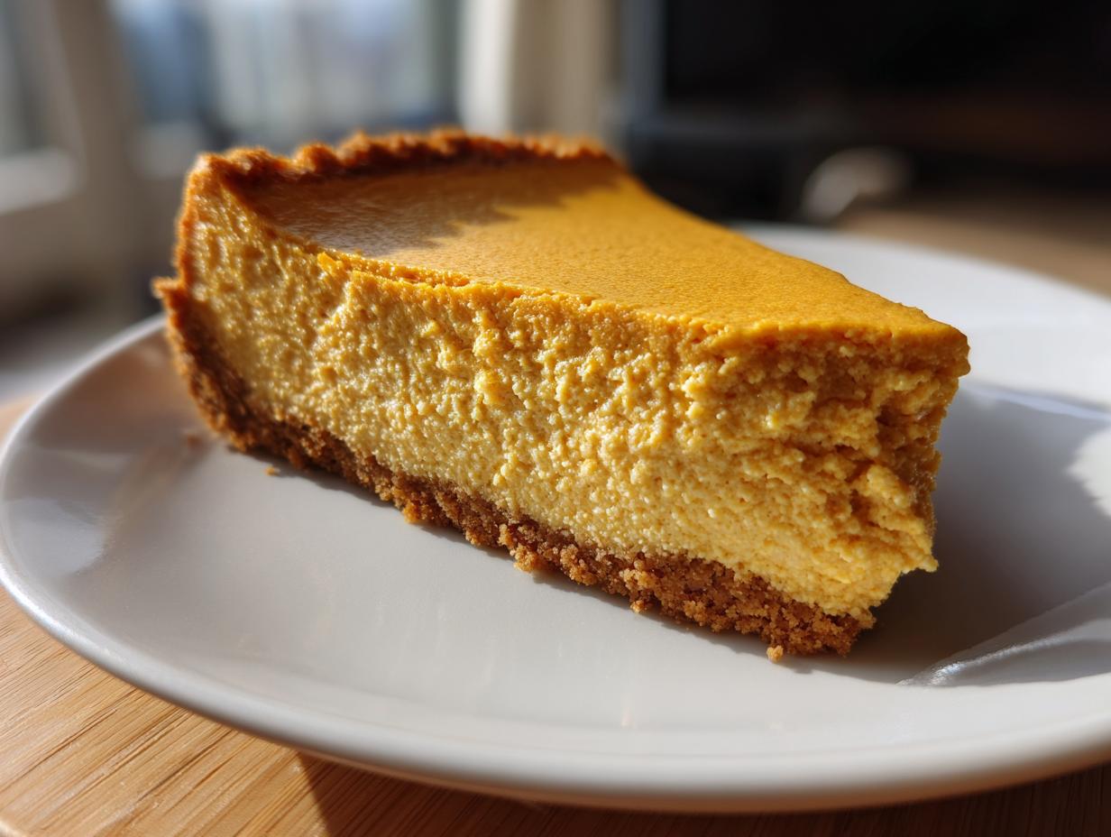 A close-up of a creamy slice of Pumpkin Cheesecake on a white plate, showcasing its golden-orange filling and graham cracker crust.
