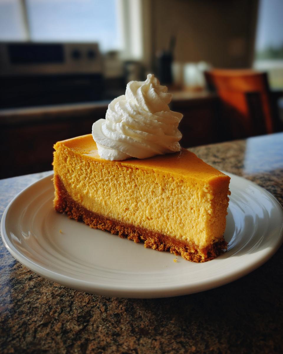 A close-up of a rich, creamy slice of Pumpkin Cheesecake topped with a swirl of whipped cream, served on a white plate.
