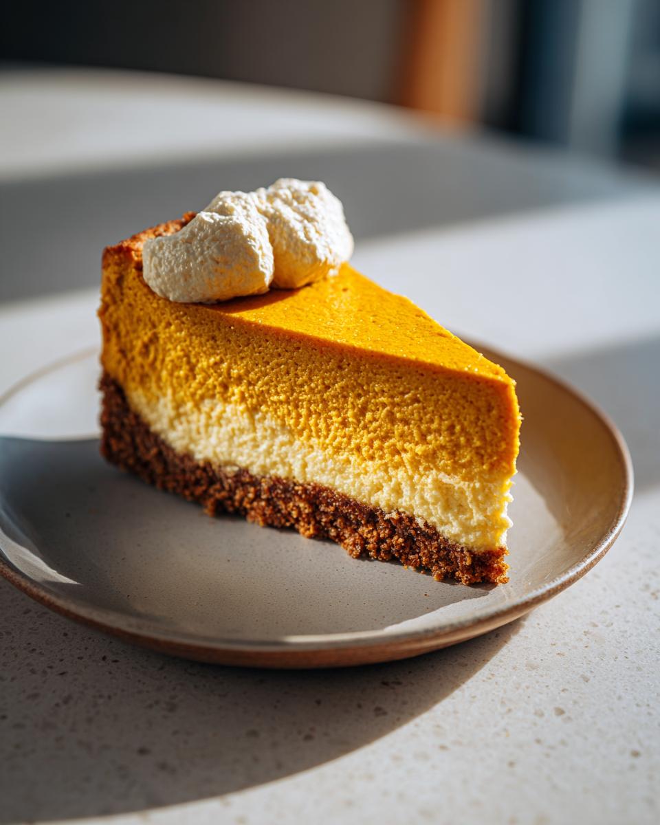 A delicious slice of Pumpkin Cheesecake with a graham cracker crust and whipped cream topping.